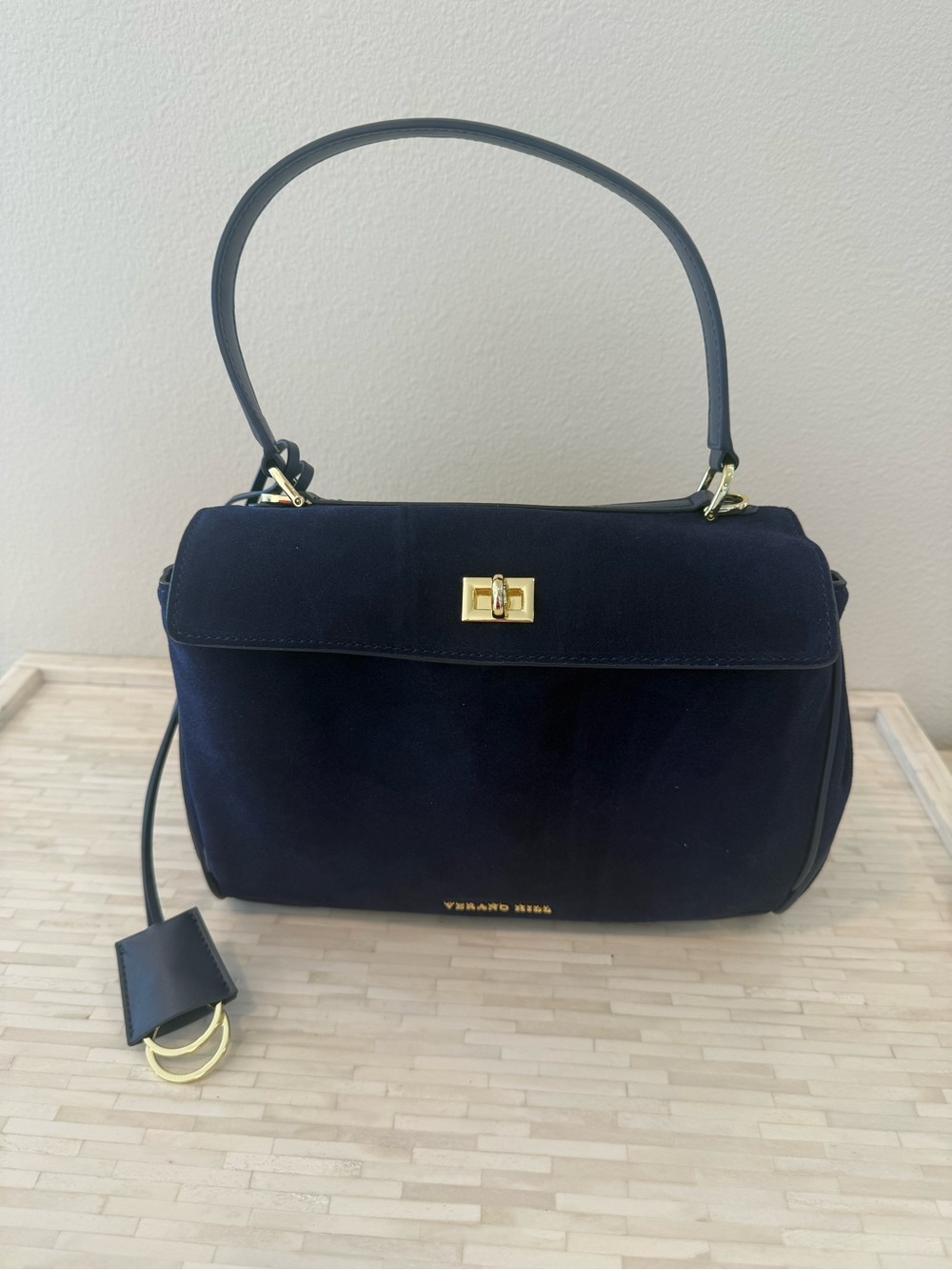 Navy Suede Top-Handle Satchel with Gold Hardware